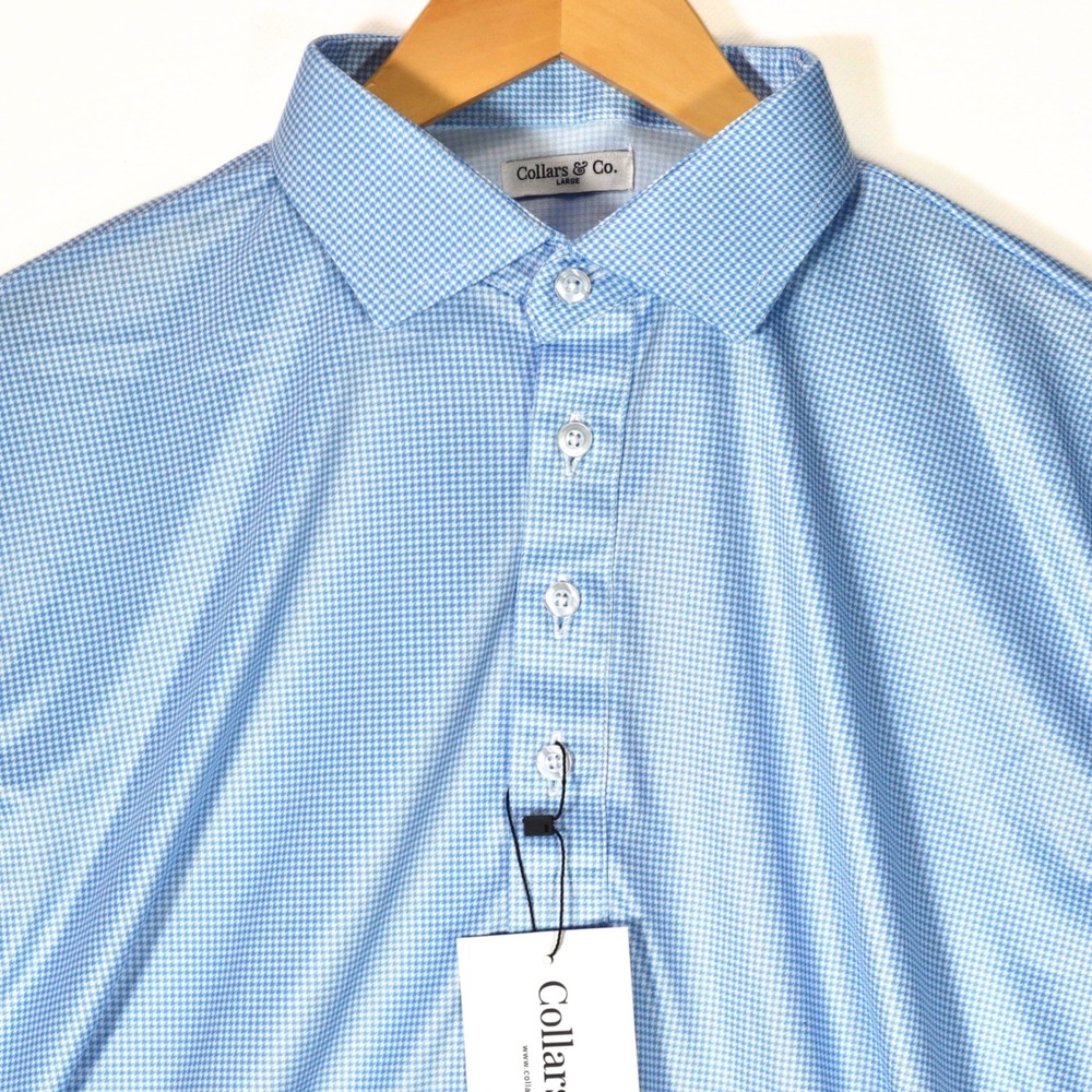 Collars & Co. Polo Mens Large Blue Houndstooth Dress Collar Short Sleeve Golf